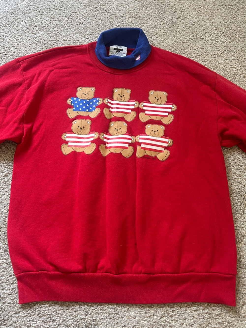 Red Teddy Bear Flag Crewneck Sweatshirt with Navy Mock Collar